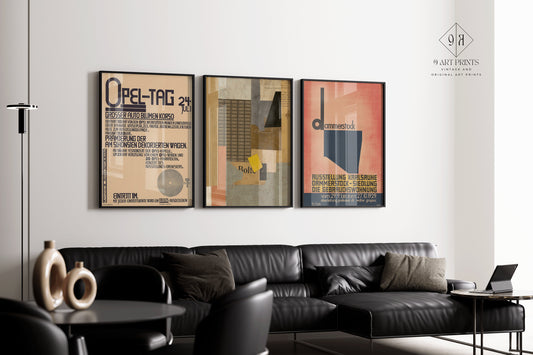 Set of 3 Bauhaus style posters in a modern living room, featuring Kurt Schwitters' Dadaism Constructivist collage art.