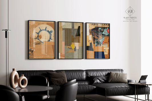 Kurt Schwitters Bauhaus collage posters in modern living room with black sofa and elegant decor.