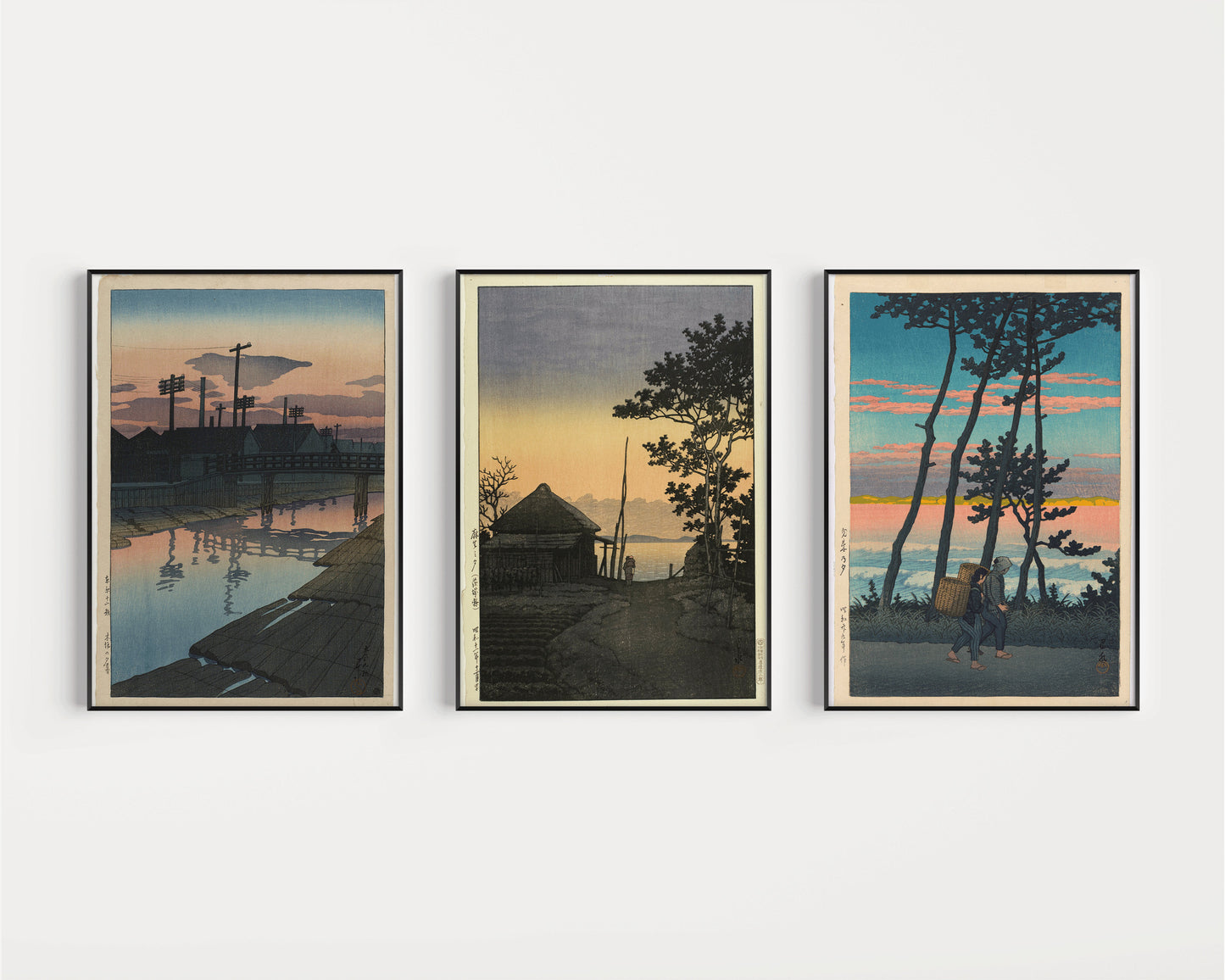 Kawase Hasui Set of 3 Dusk Theme Shin-Hanga Art Prints Dusk at Kiba, Dusk at Nakaso and Dusk at Aso | Vintage (available framed or unframed)