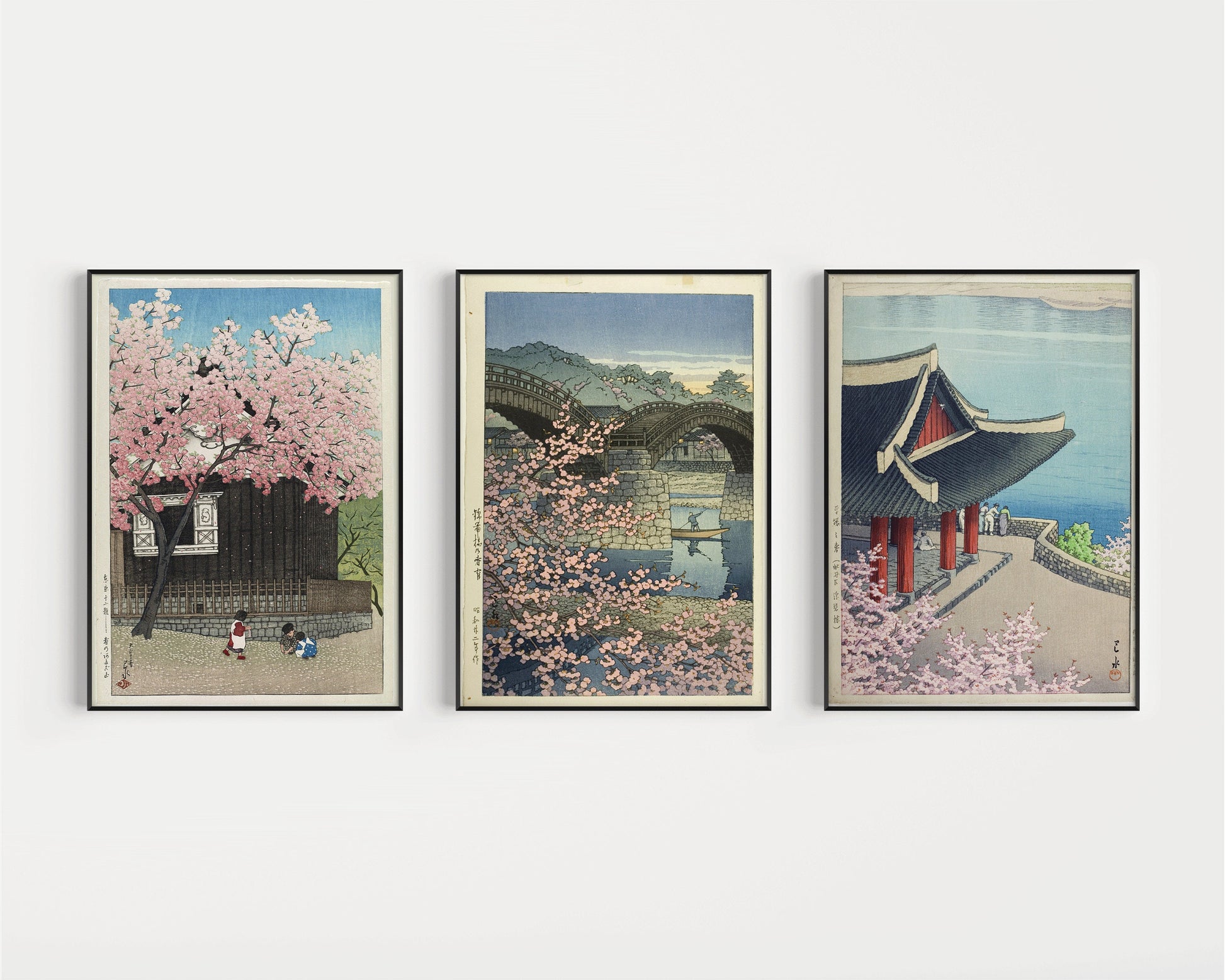 Kawase Hasui Set of 3 Spring Theme Art Prints Kintai Bridge Mount Atago and Pubyong Pavillion | Vintage (available framed or unframed)