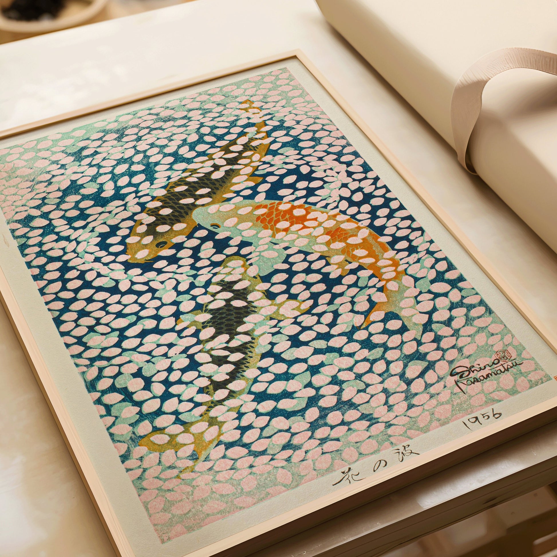 Shiro Kasamatsu vintage Japanese woodblock art print, framed, featuring colorful fish and floral designs on a blue background.