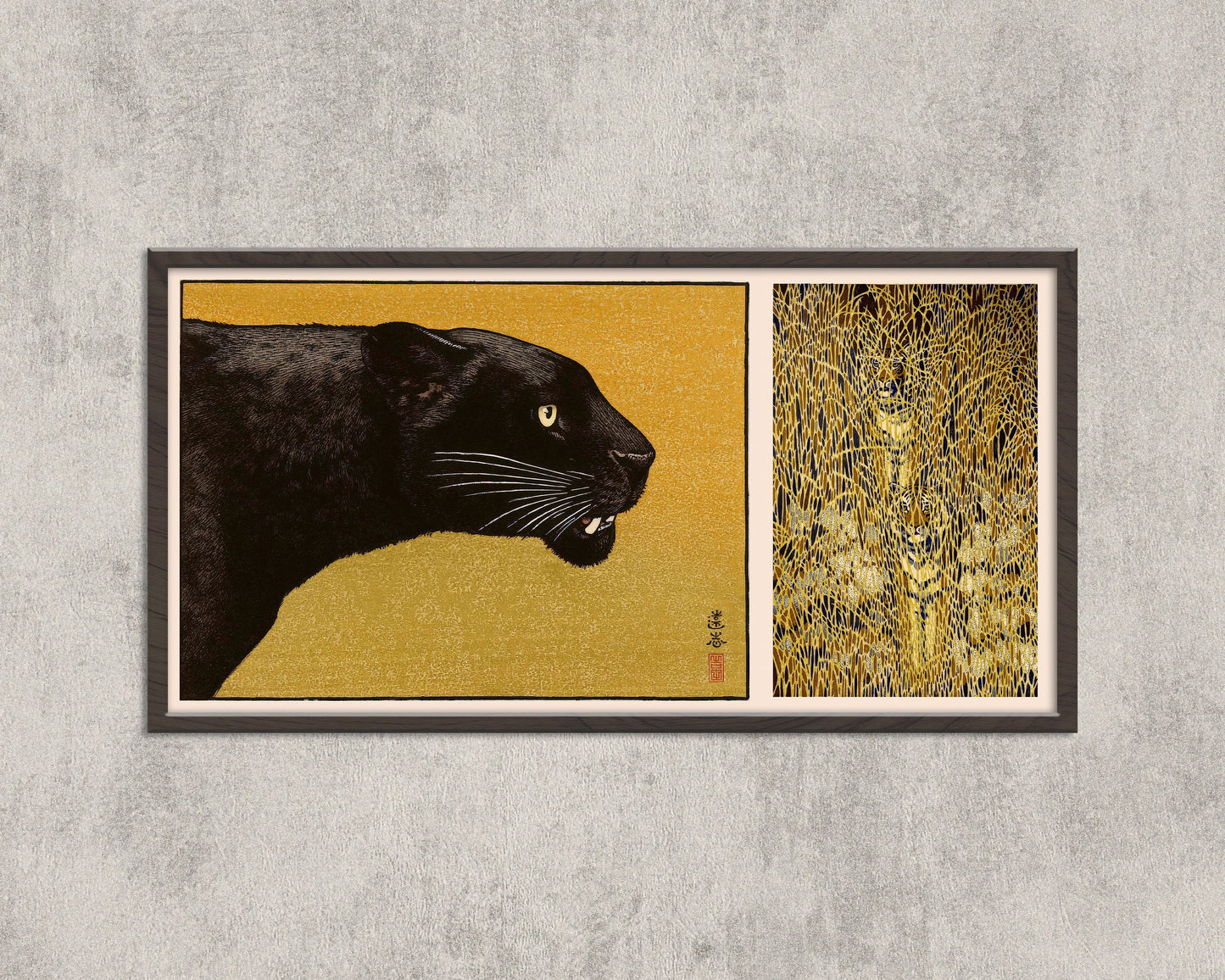 Toshi Yoshida - Black Panther and Camouflaged Tigers Two in One | Vintage Gold Japanese Wide Panoramic Art (available framed or unframed)