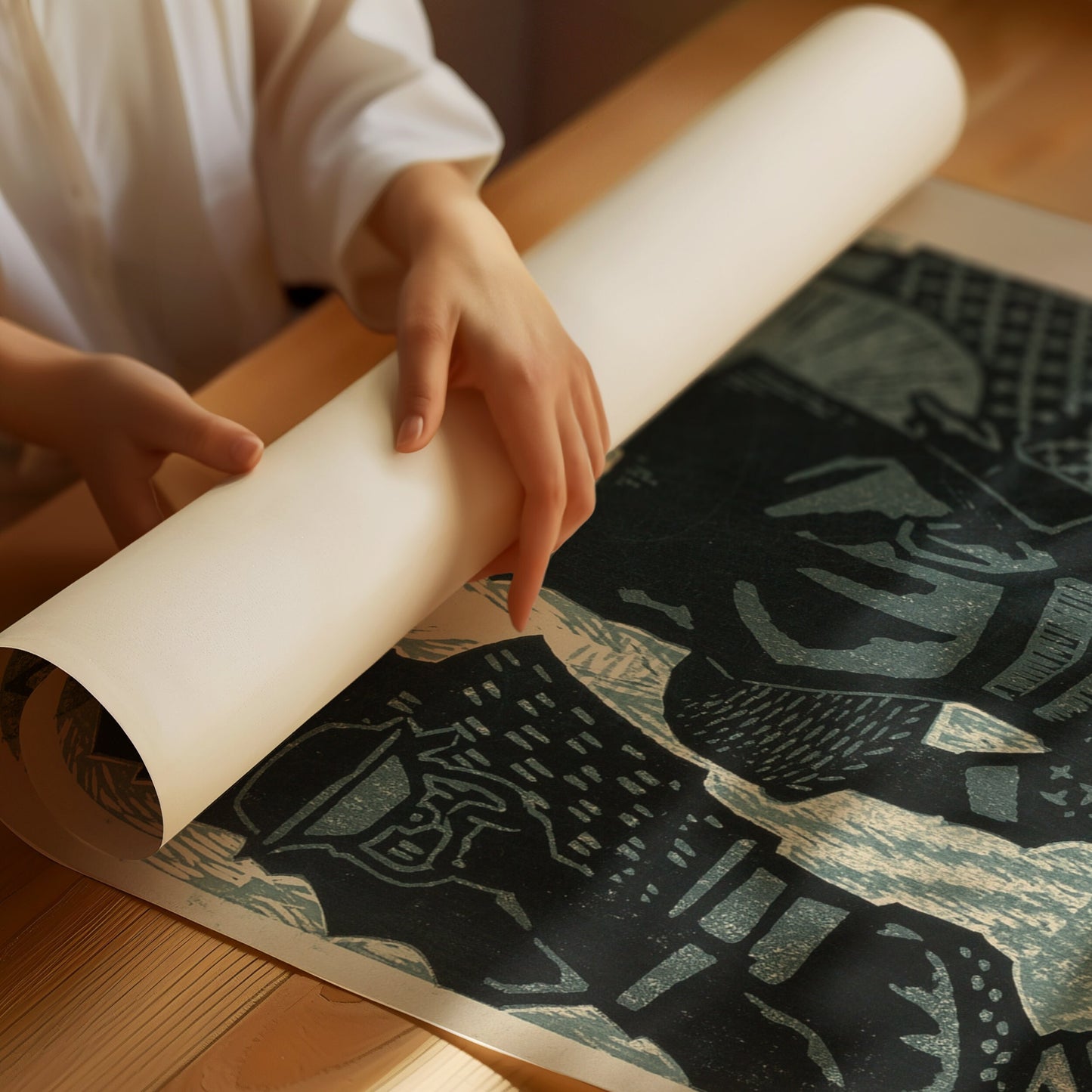 Unrolling vintage Japanese woodblock print by Shiro Kasamatsu in blue, showcasing fine art details on archival Hahnemühle paper.