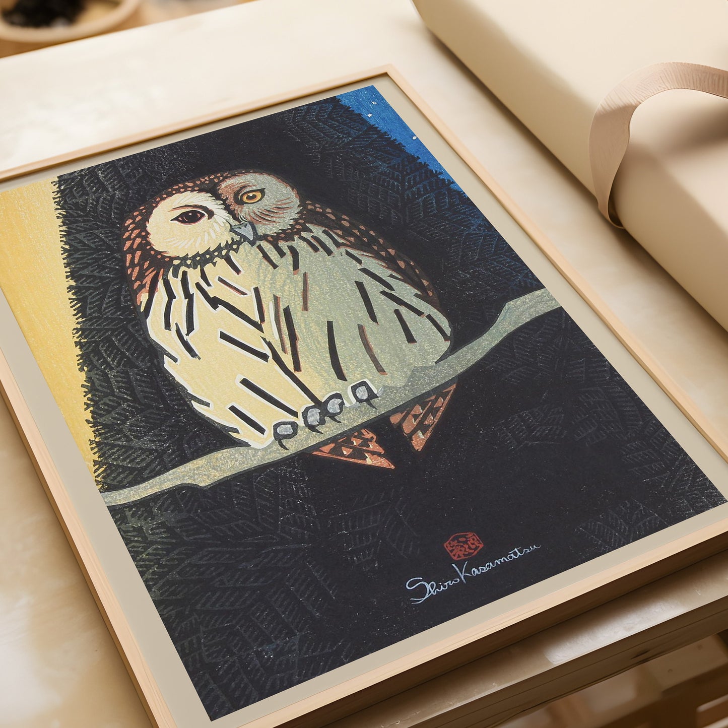 Vintage Shiro Kasamatsu owl woodblock art in blue, framed in FSC-certified oak, walnut, or ash wood for museum-quality display.