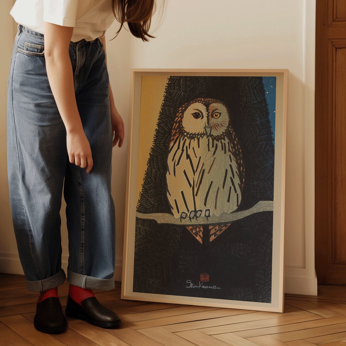 Shiro Kasamatsu Owl - Vintage Japanese Woodblock Art Print in Blue, shown framed, perfect for elevating your decor.