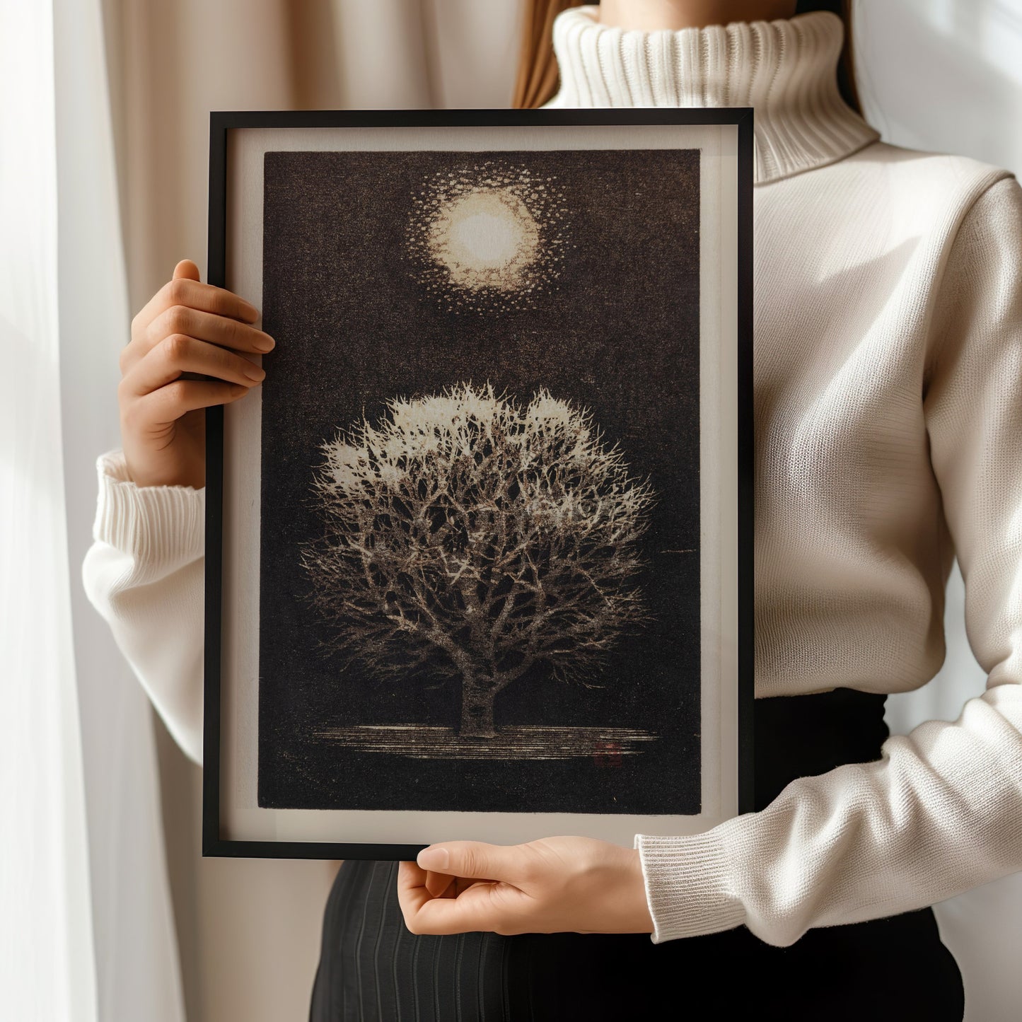 "Person holding framed Joichi Hoshi tree under moon Japanese woodblock art, available framed or unframed, museum-quality print"