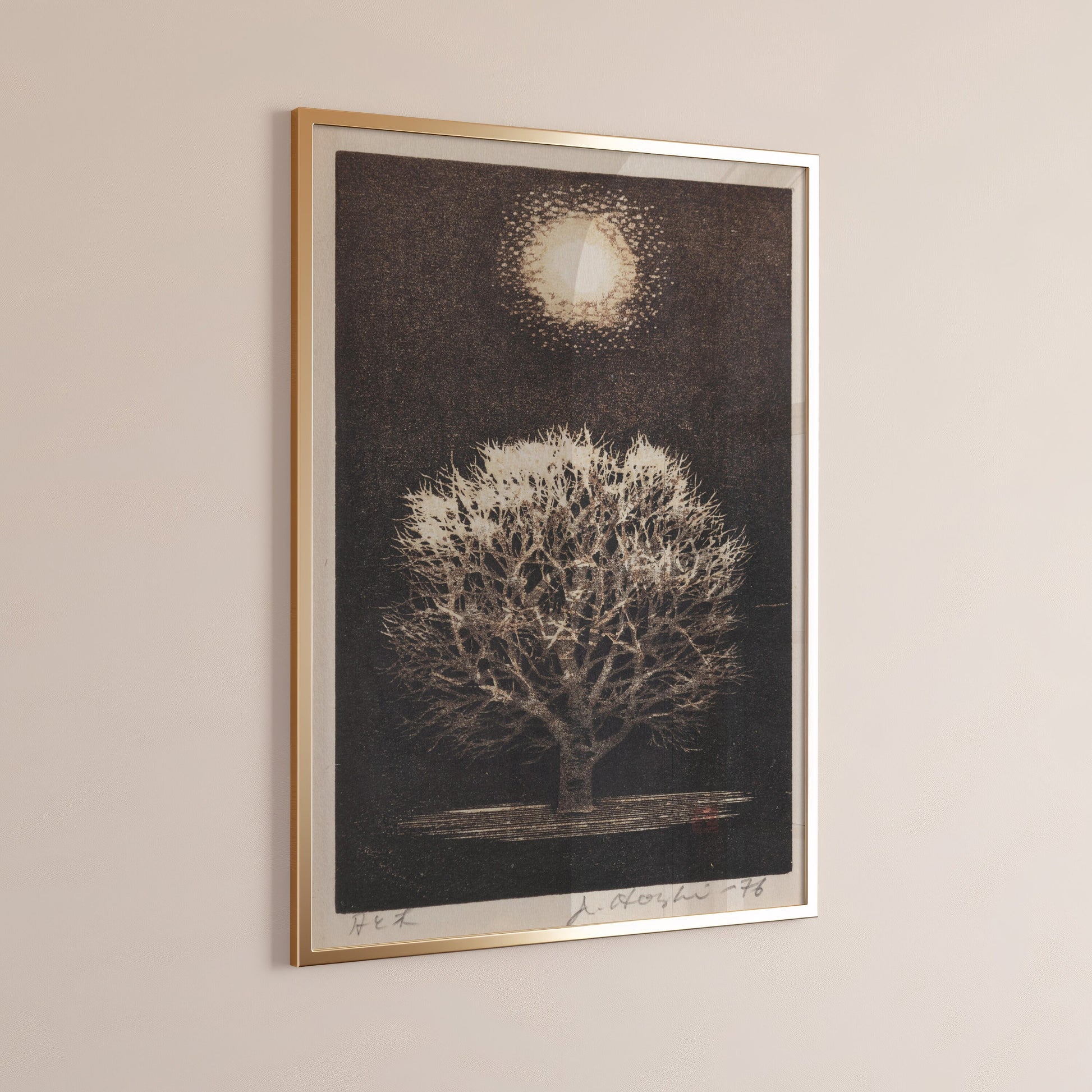 Joichi Hoshi Tree Under Moon woodblock art print, framed in bespoke gold frame, vintage Japanese artwork displayed on wall.