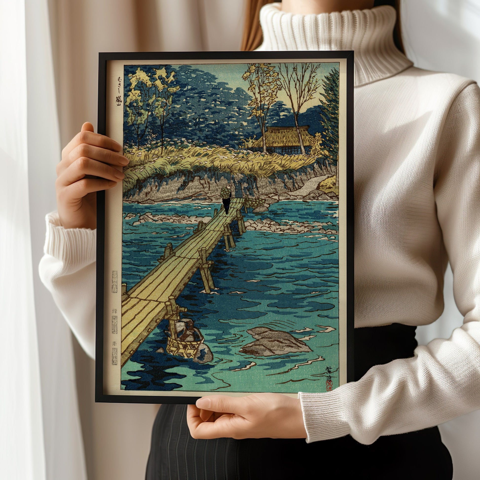 Vintage Japanese Shin-Hanga Art Print "Bridge at Musashi, Arashiyama" in Frame Held by Woman