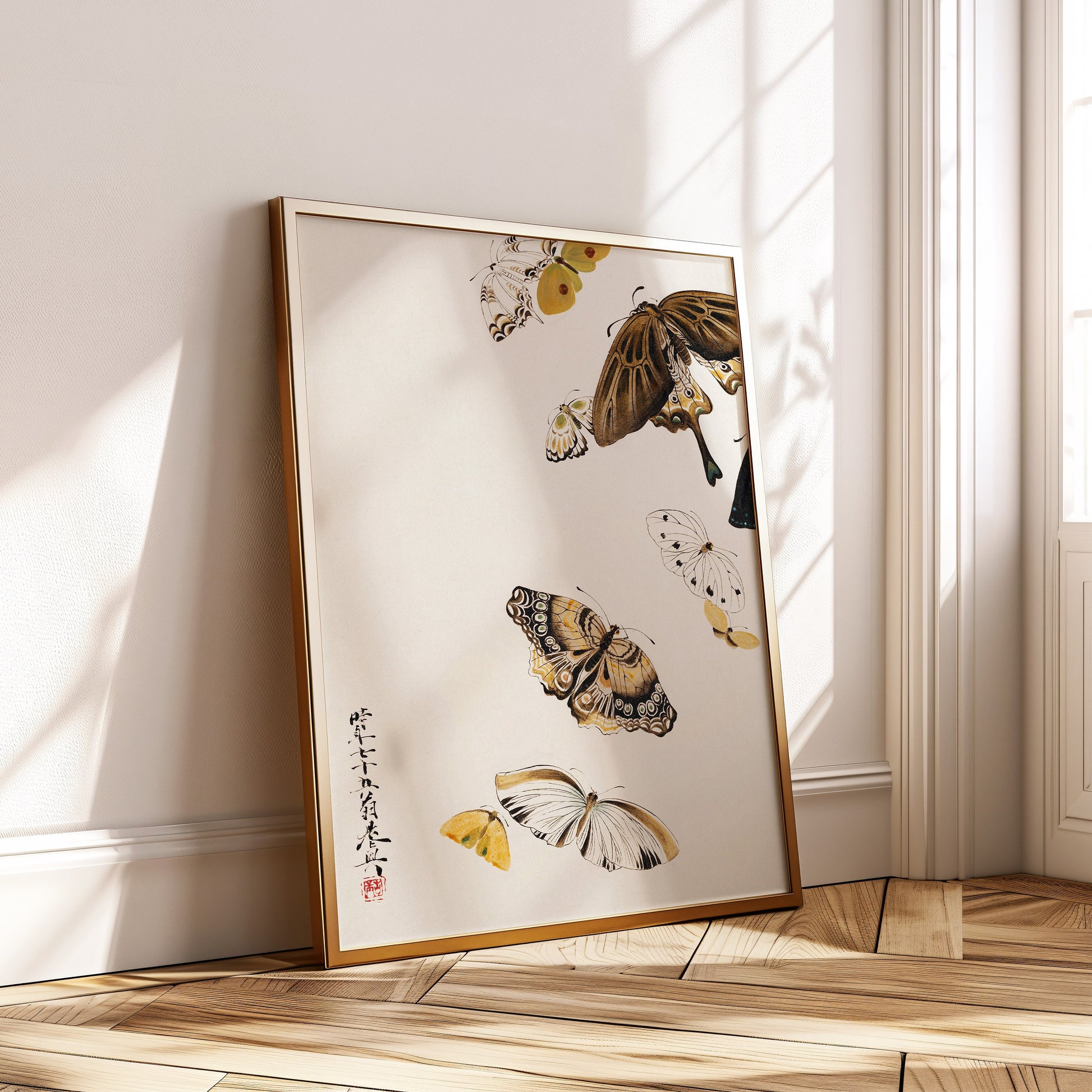 Shibata Zeshin butterfly woodblock print in frame, vintage Japanese art on display in a sunlit room, showcasing museum-quality craftsmanship.