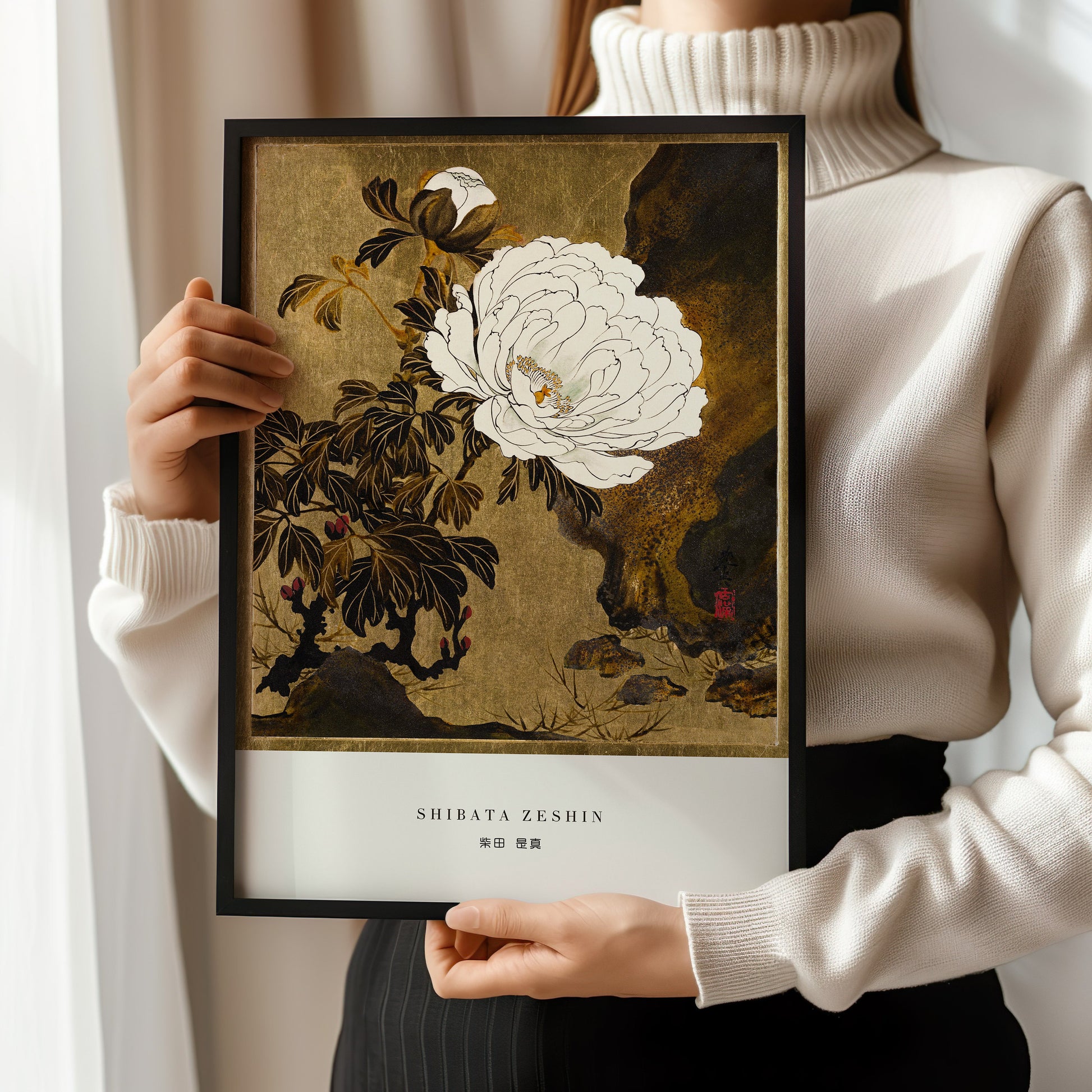 "Framed Shibata Zeshin Peonies vintage Japanese woodblock art print held by person, available in bespoke or classic framing options"