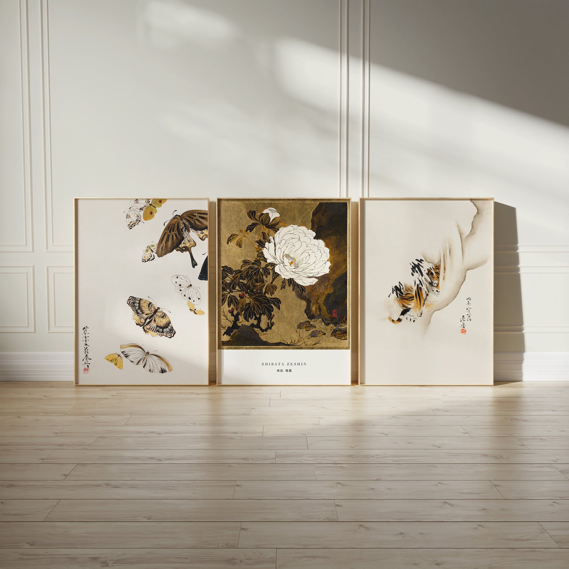 Shibata Zeshin set of 3 minimalist prints featuring butterflies, peonies, and a tiger in vintage Japanese art style, framed or unframed.