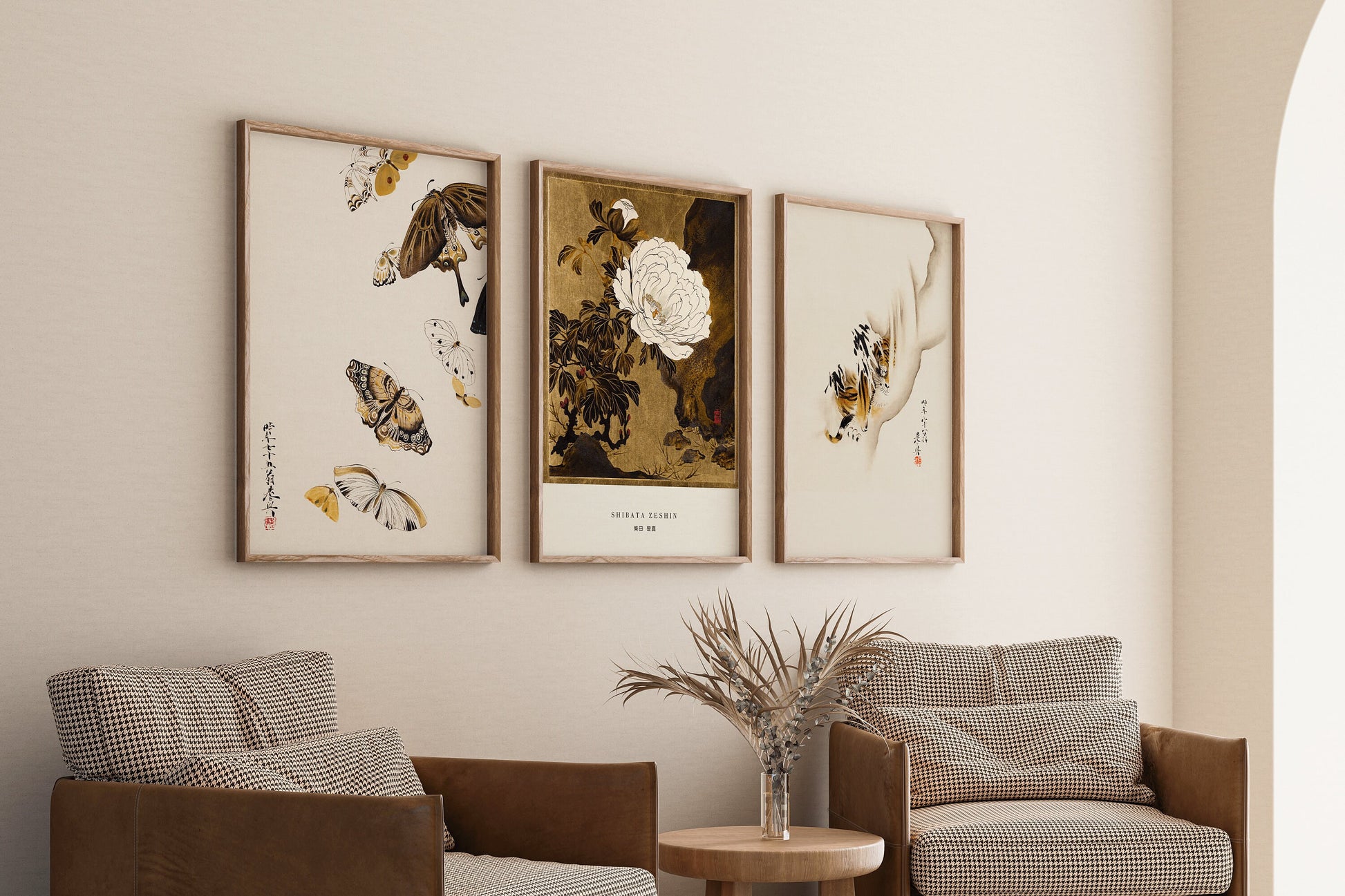 Shibata Zeshin minimalist prints of butterflies, peonies, and tiger in a stylish living room setting, framed in bespoke wood.