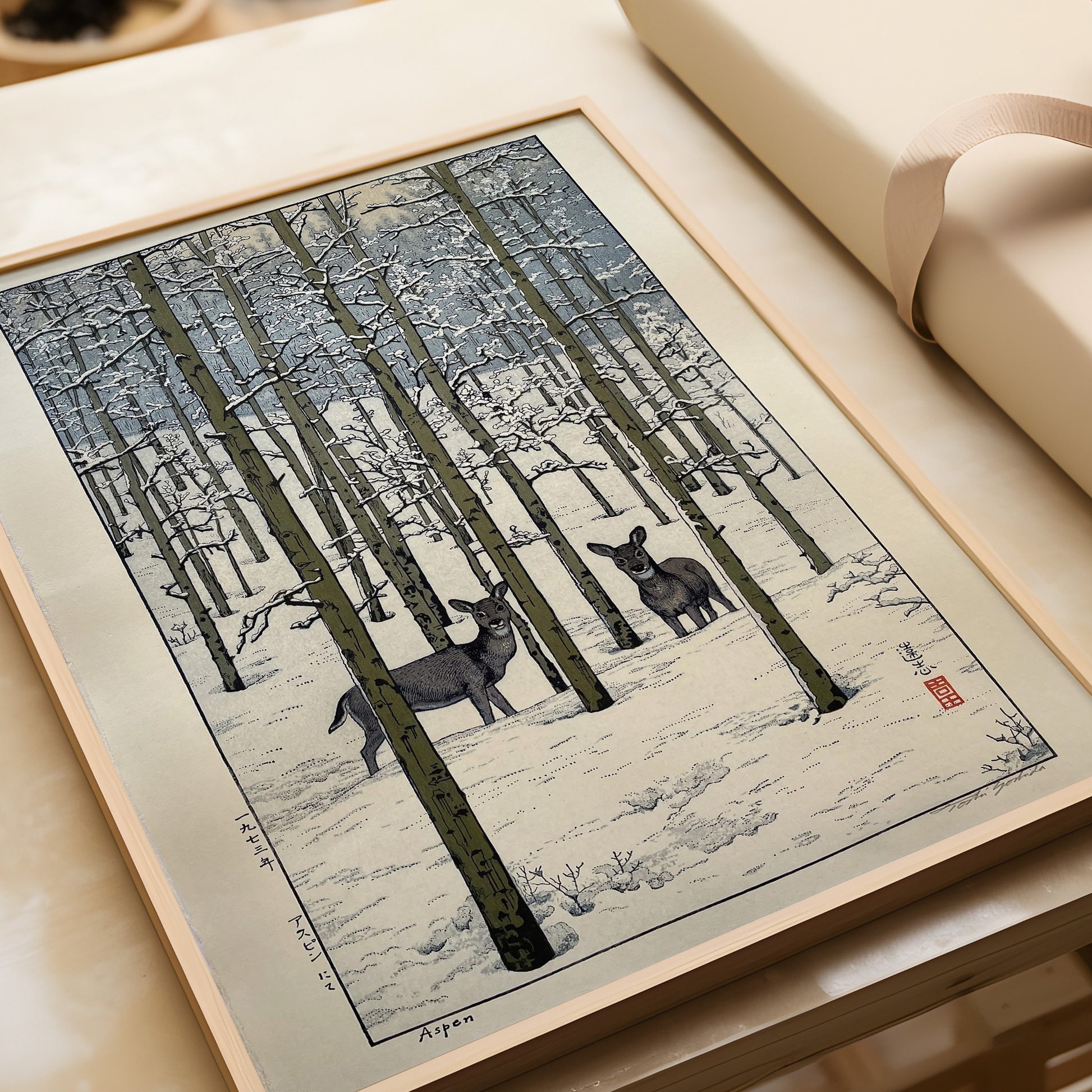 Toshi Yoshida Aspen woodblock print with yellow gold tones, featuring framed or unframed museum-quality art with deer in snowy forest.