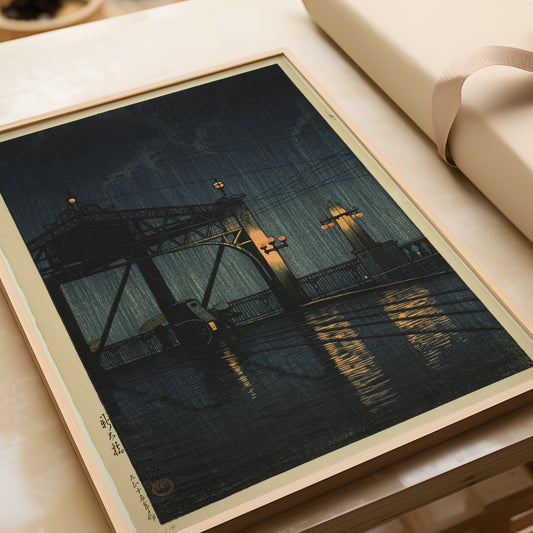 Kawase Hasui Shin Ohashi Bridge at Night woodblock art print in bespoke frame, vintage Japanese artwork on display