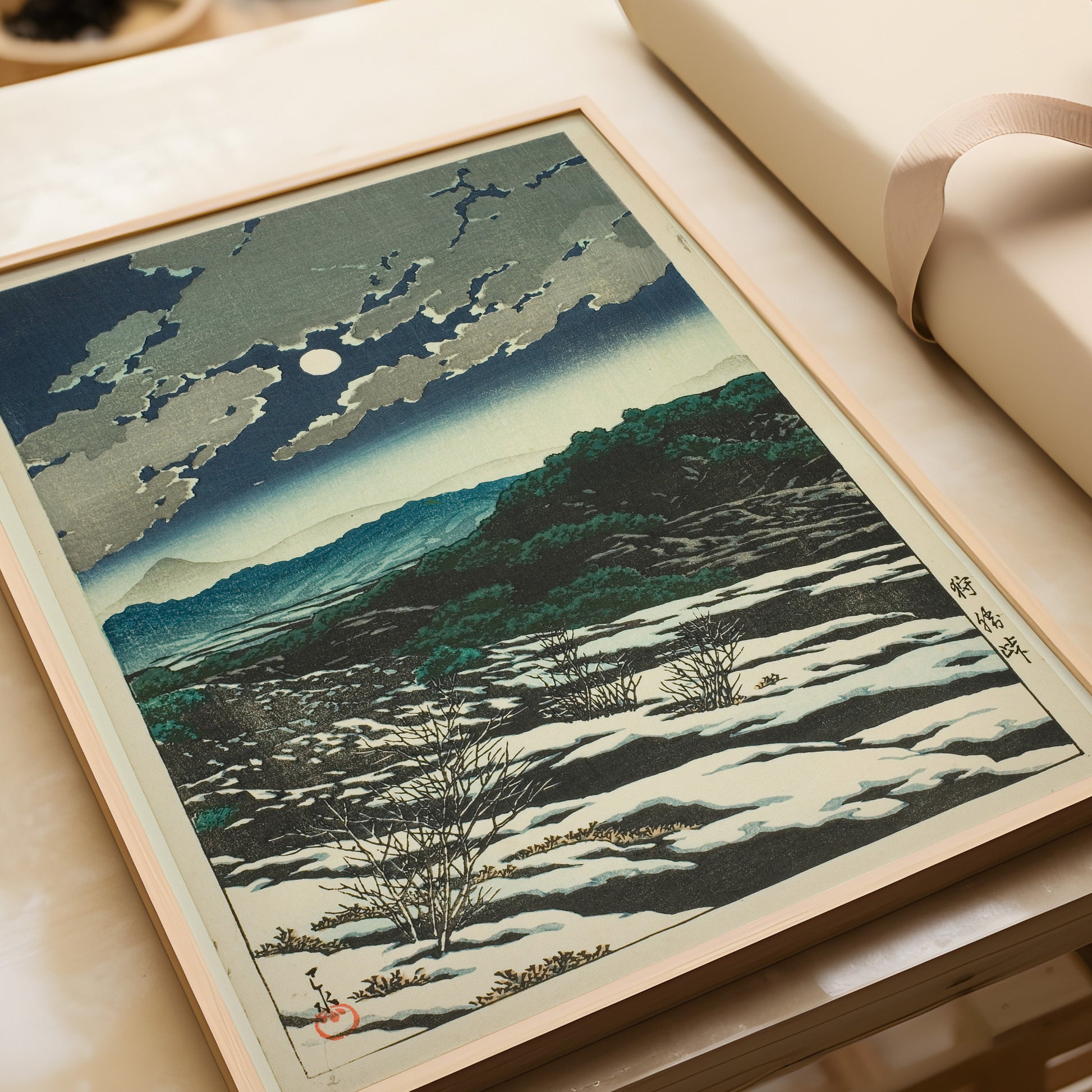 Vintage Japanese woodblock print of Karikachi Mountain Pass by Kawase Hasui, available framed in handcrafted FSC-certified wood.