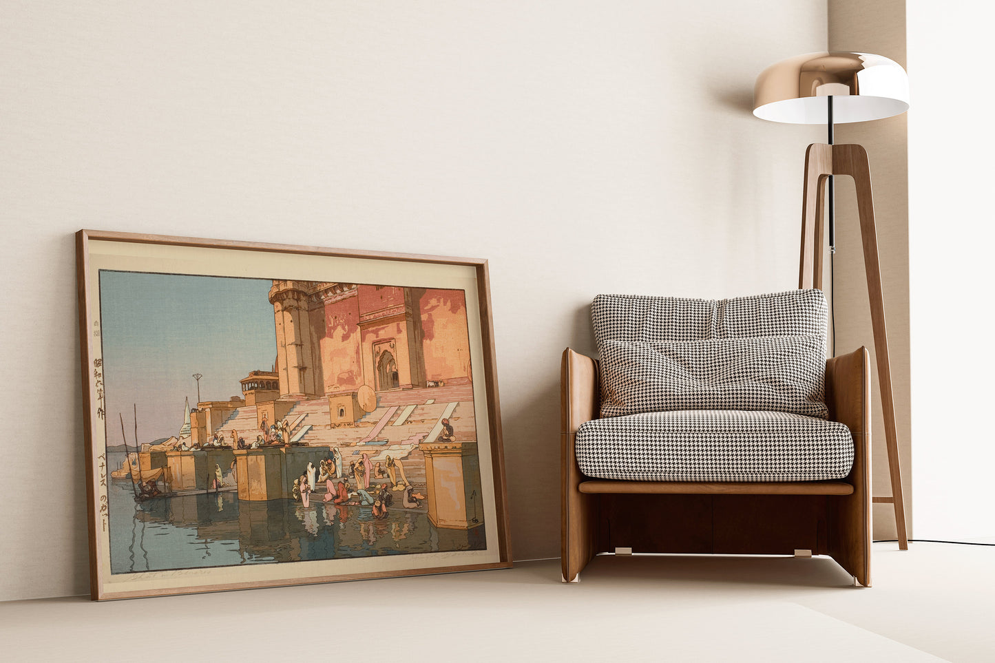 Vintage woodblock art print of Hiroshi Yoshida's "Ghat in Benares" in a minimalistic modern room with chair and lamp.