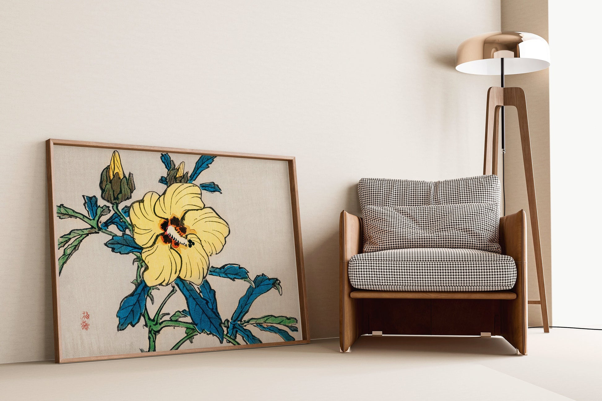 Vintage Japanese flower print by Kono Bairei featuring hibiscus, styled with chair and floor lamp, perfect for home décor or gift.