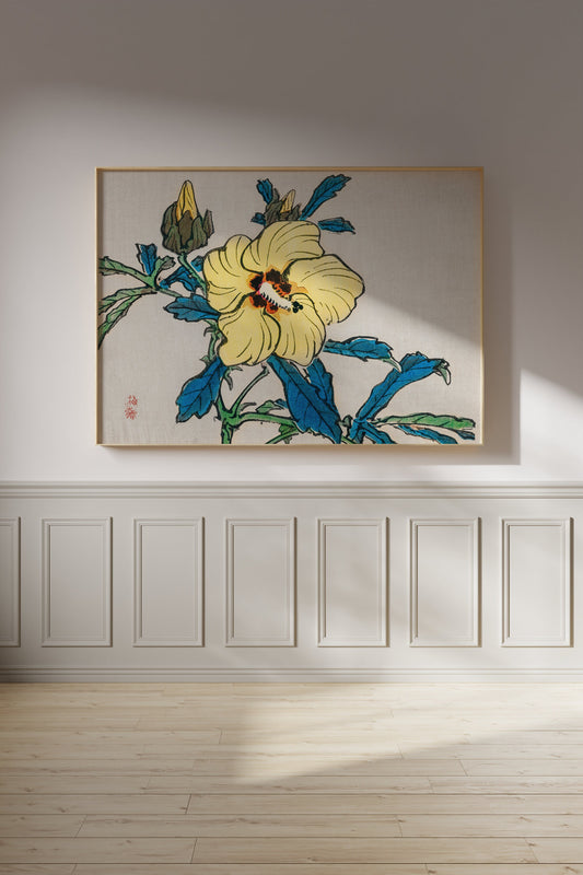 Kono Bairei Hibiscus vintage Japanese flower wall art print, perfect for home décor or gift, available framed or unframed.