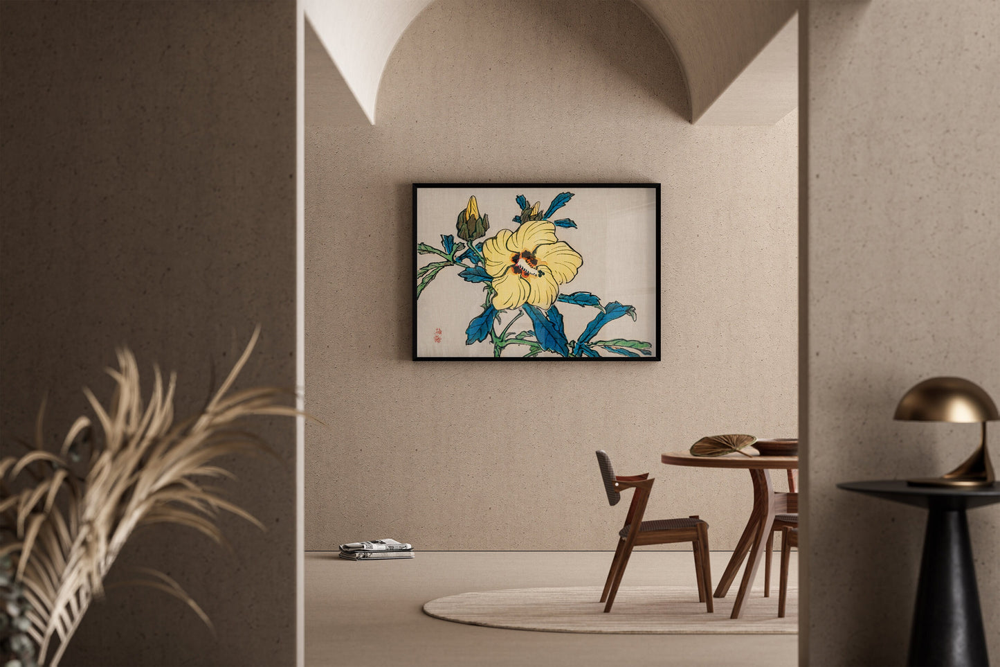 Vintage Japanese hibiscus wall art print in modern living room with neutral tones and elegant decor.