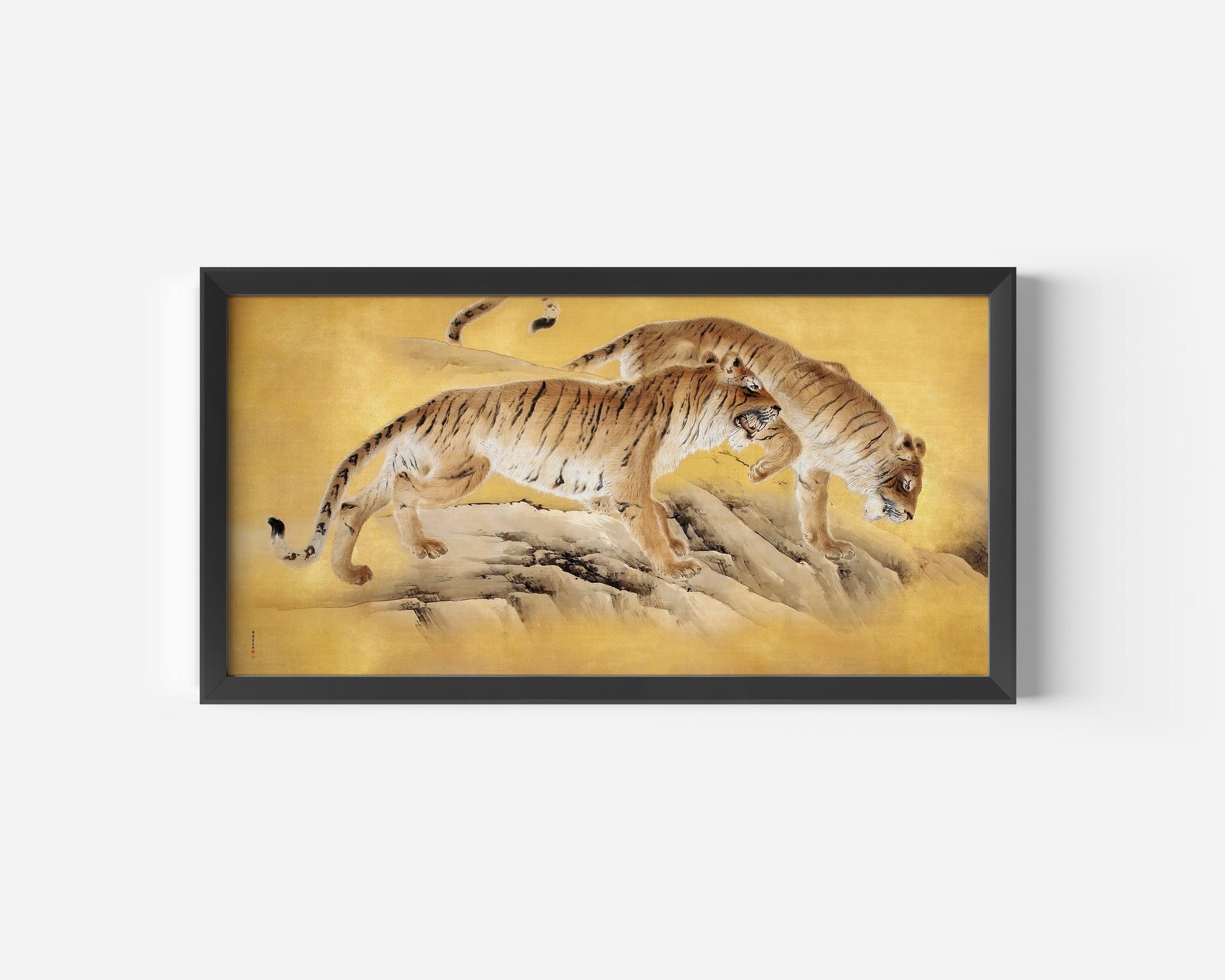 Kishi Chikudo's "Tigers by Mountain Stream" vintage Japanese art in a black frame, featuring a gold panoramic design.