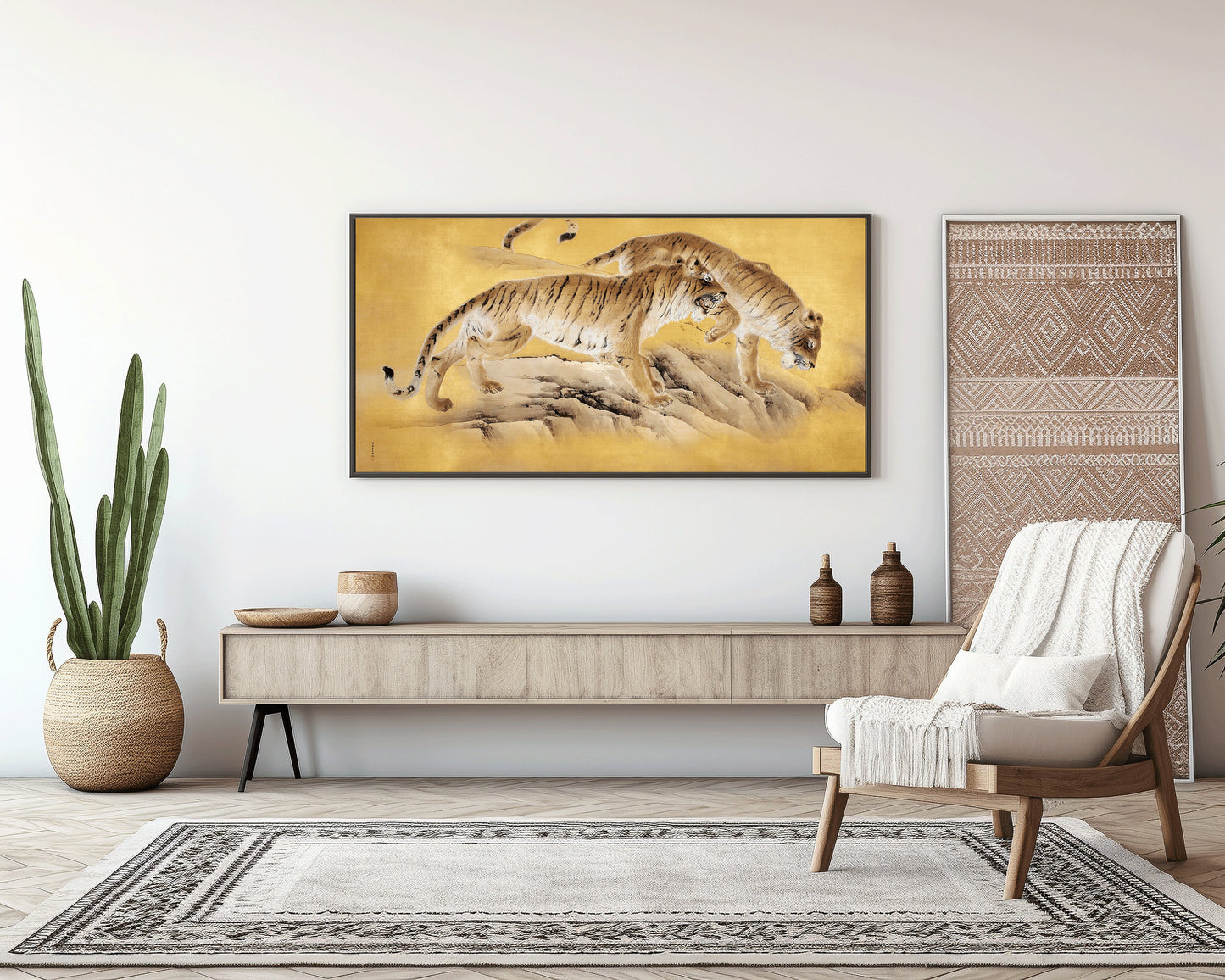 Vintage Japanese art "Tigers by Mountain Stream" in gold, displayed in a modern living room setting.