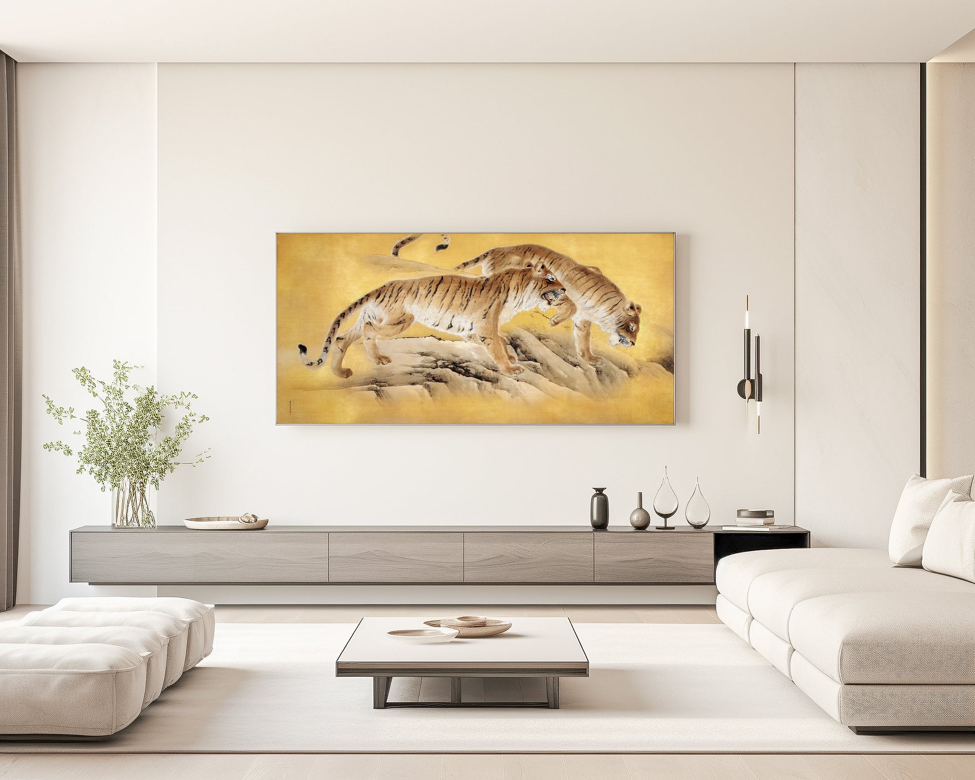 "Kishi Chikudo Tigers by Mountain Stream Art in Gold on Modern Living Room Wall"