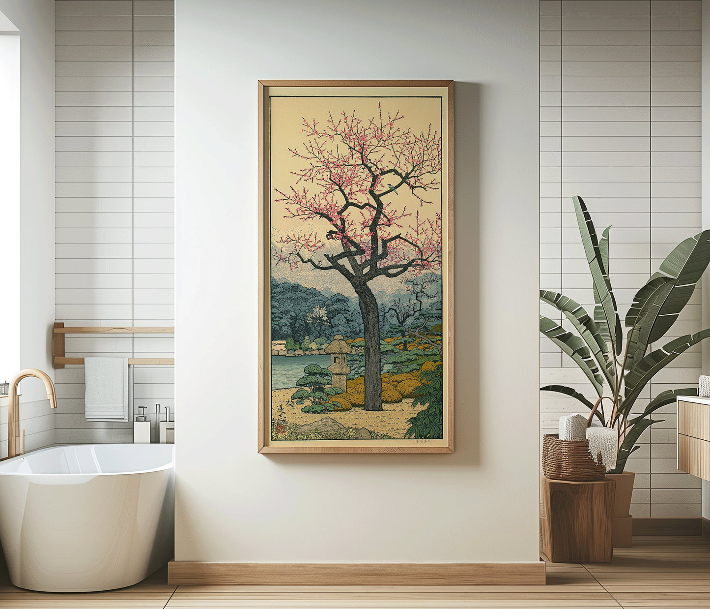 "Toshi Yoshida Friendly Garden Plum art print, elegantly framed, displayed in a modern bathroom with a bathtub and plants."