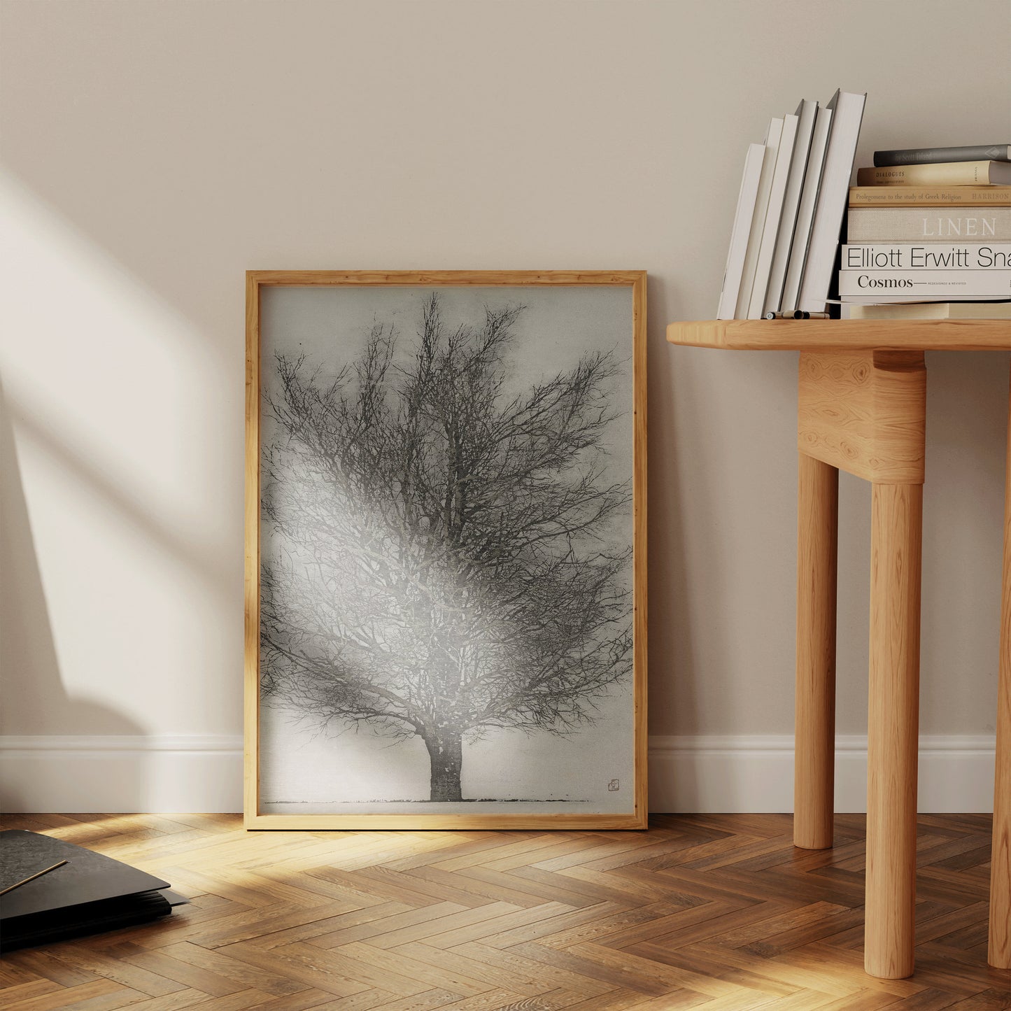 Joichi Hoshi's "The Black Tree" framed woodblock print in a modern interior setting, showcasing Japanese vintage art.