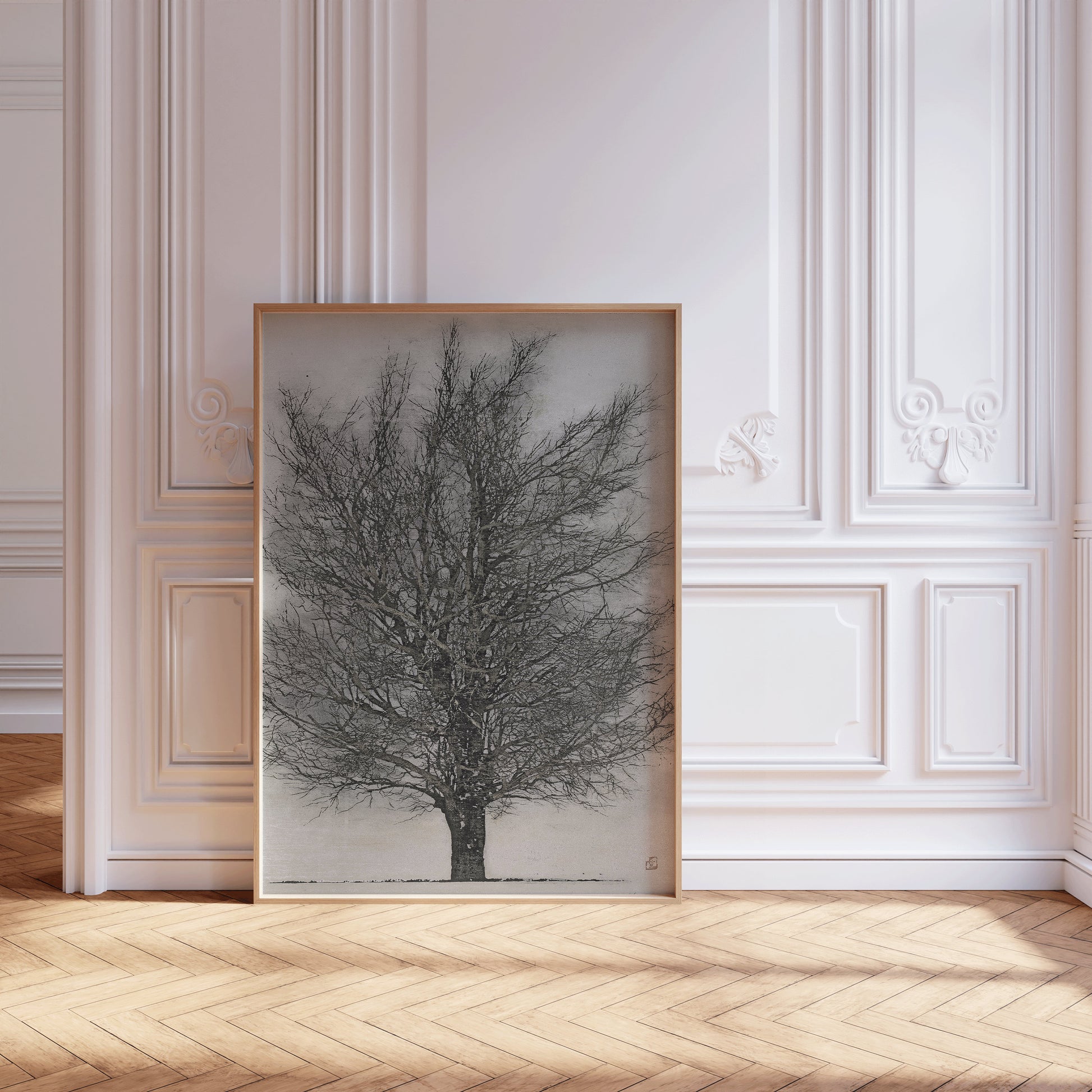 Joichi Hoshi Black Tree vintage Japanese woodblock art in nude oak frame, enhancing elegant interior decor.