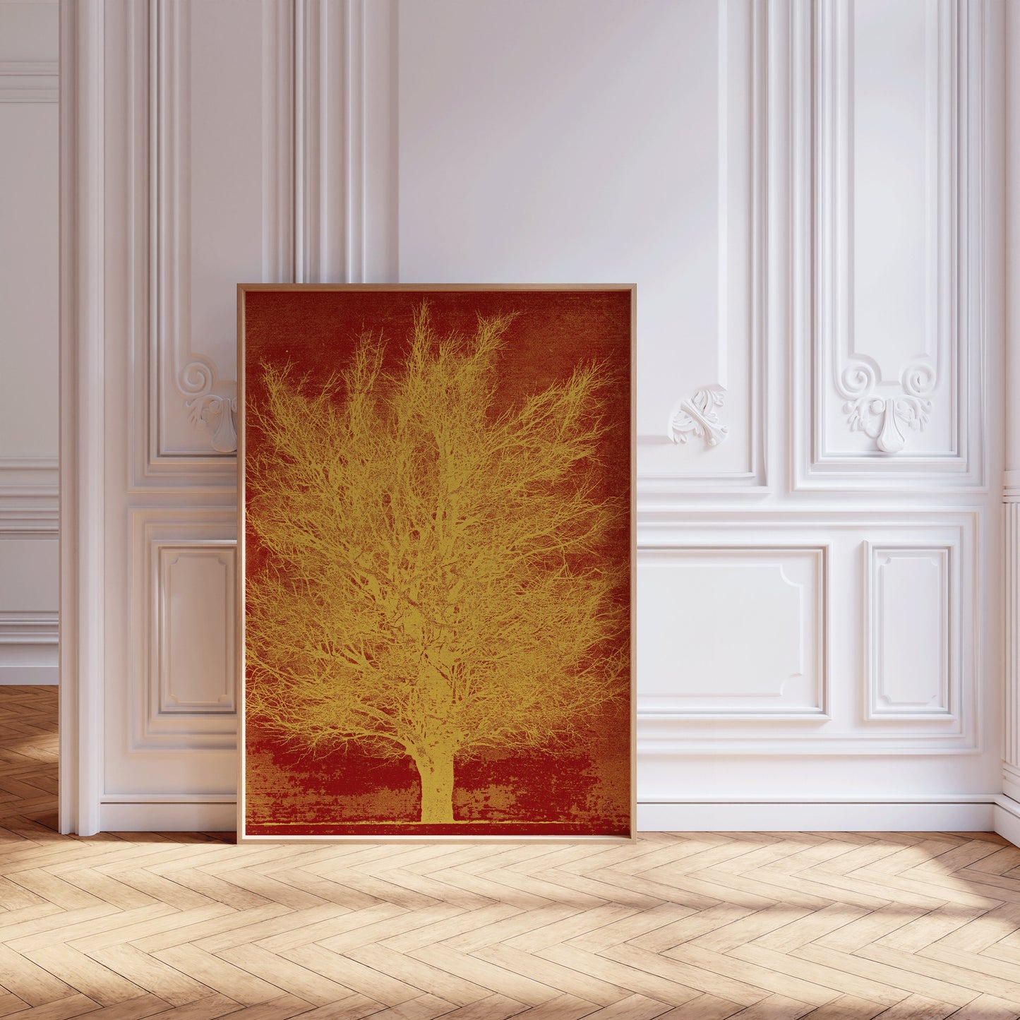 Joichi Hoshi Gold Tree Remix framed vintage Japanese woodblock art in elegant room setting.