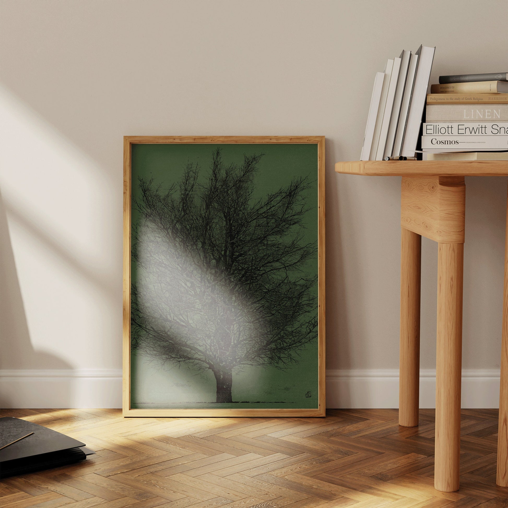 Joichi Hoshi Tree Black and Green Woodblock Art in Oak Frame on Hardwood Floor