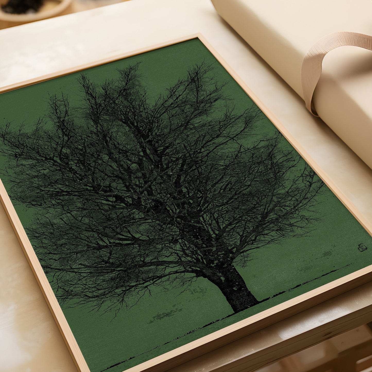 Joichi Hoshi Tree Black and Green Remix Woodblock Art in Nude Oak Frame, Vintage Japanese Print, Museum Quality