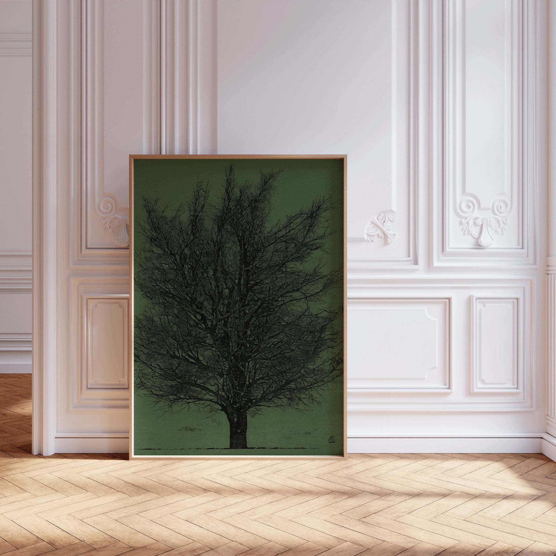 Joichi Hoshi Tree Black and Green Woodblock Art framed in a stylish room with parquet floors, classic white walls.