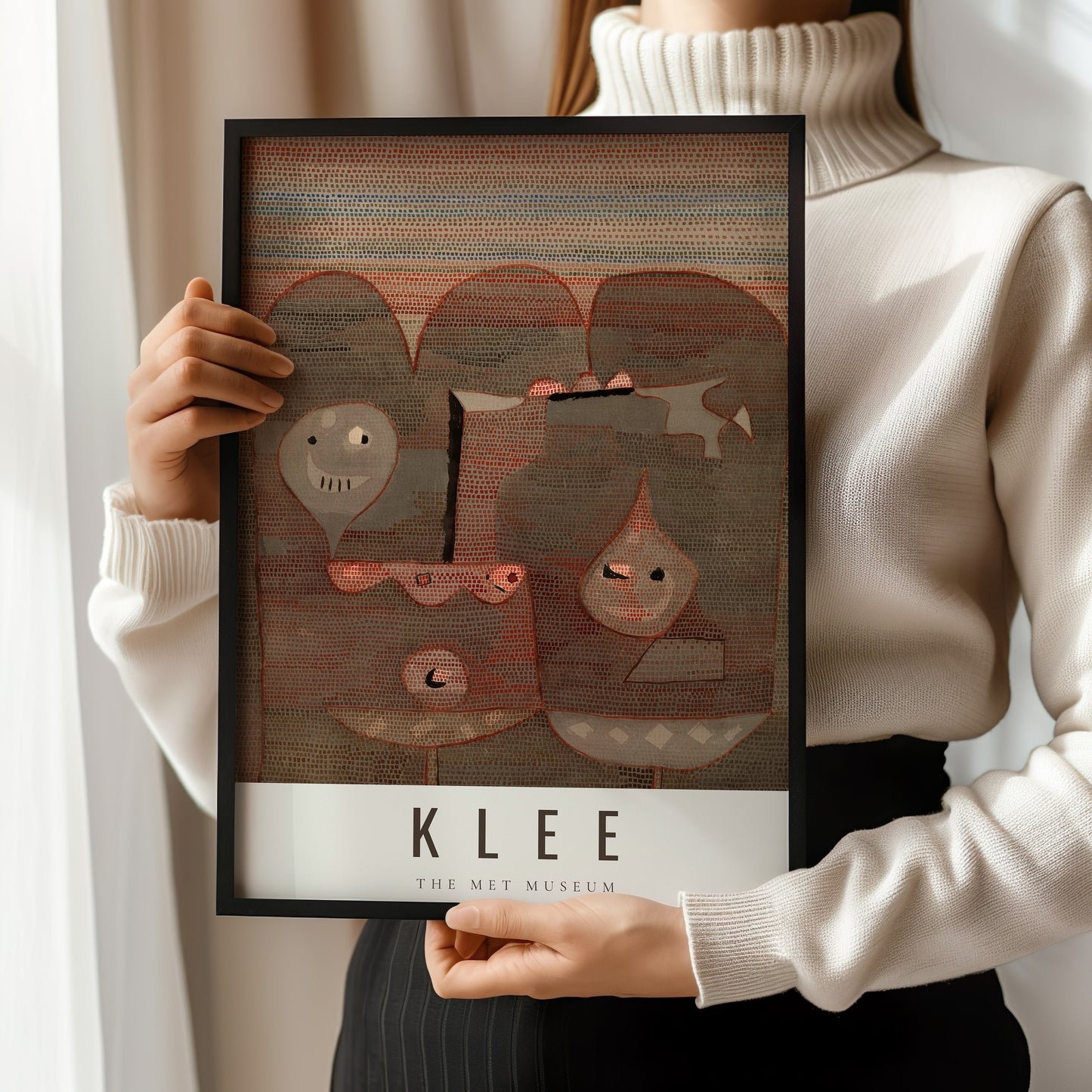 Person holding framed print of Paul Klee's "Barbarian Sacrifice" modern abstract art from The Met Museum.