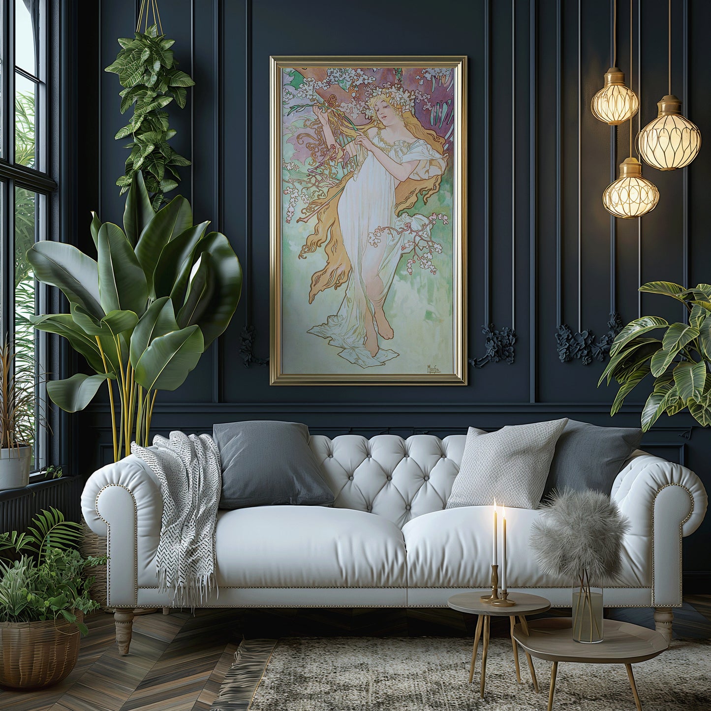 "Alphonse Mucha's Les Saisons Spring Print in Elegant Living Room Setting with Lush Greenery and Sophisticated Lighting"