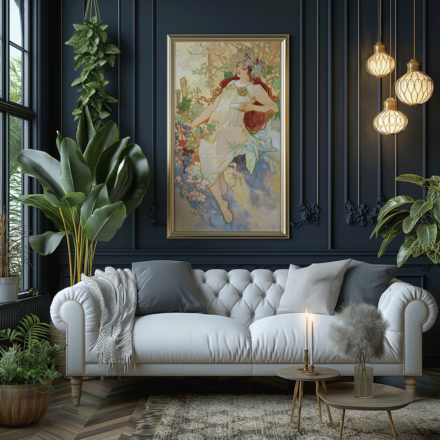 "Alphonse Mucha's Les Saisons - L'ete framed print in elegant living room with modern decor and plants"