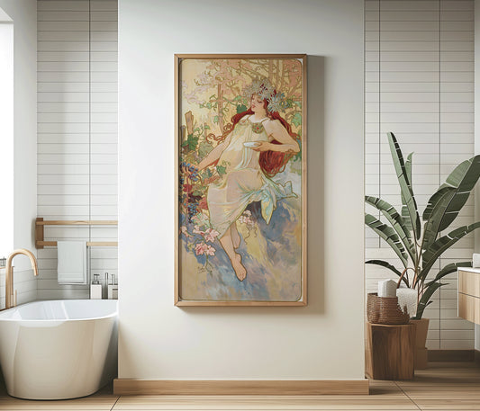 Alphonse Mucha Les Saisons L'ete Summer framed art, elegant narrow vertical decor in a modern bathroom setting.