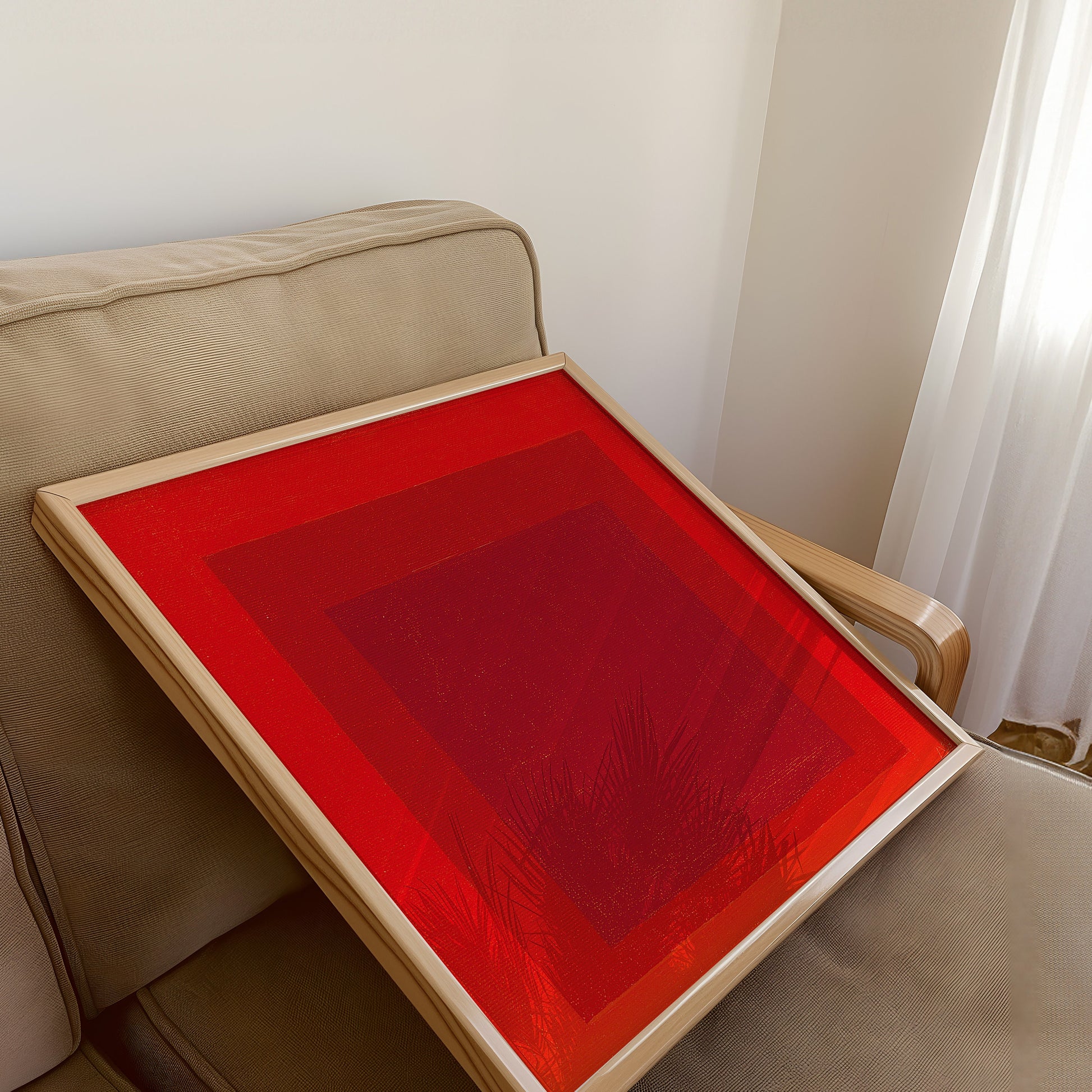 Vintage Mid-century Modern Josef Albers Red Art Print on Sofa, Available Framed or Unframed