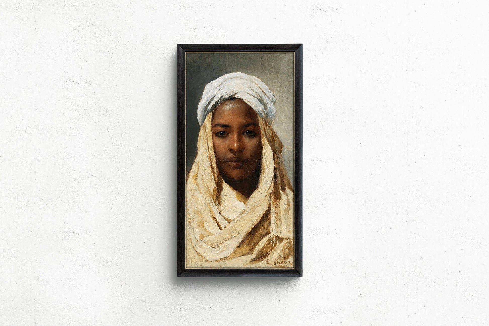 Vintage Orientalist art of a young Bedouin woman, available framed or unframed, museum-quality print for elevated spaces.