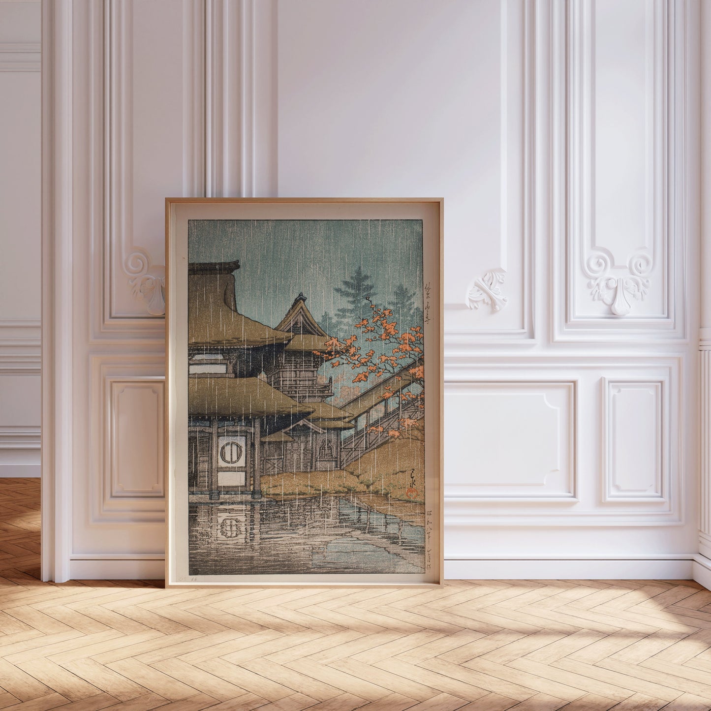 Kawase Hasui's Mountain Temple at Senzai print in a wooden frame displayed in an elegant room.