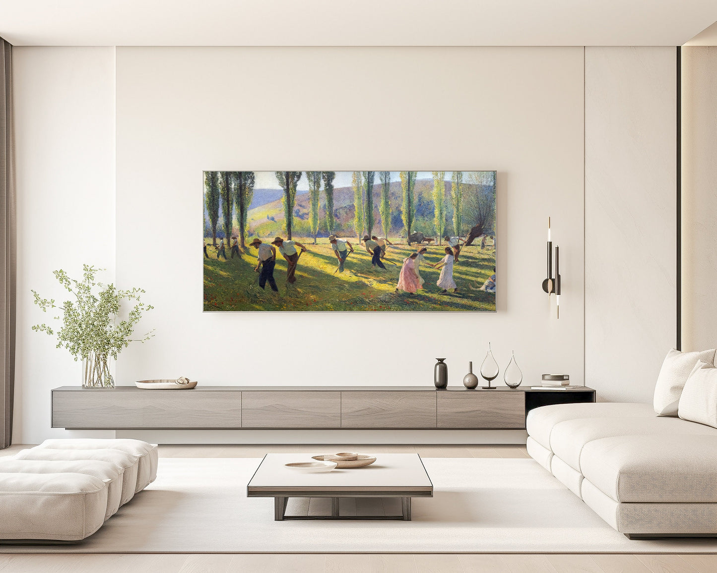 Vintage impressionist art "Mowers or Summer" by Henri Martin displayed in modern living room, available framed or unframed.