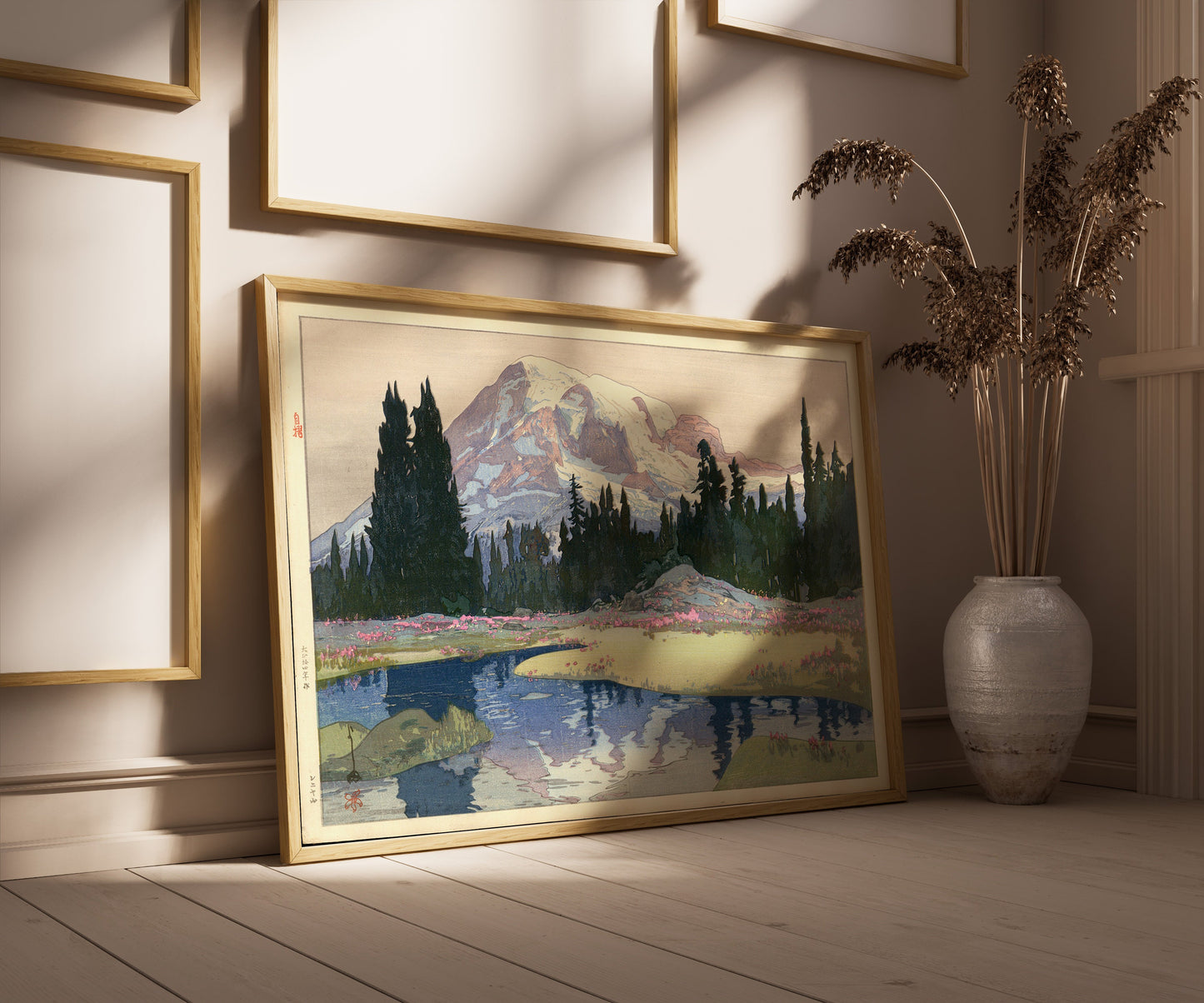 "Hiroshi Yoshida's Mount Rainier woodblock art print, framed, displayed in elegant room with natural lighting"