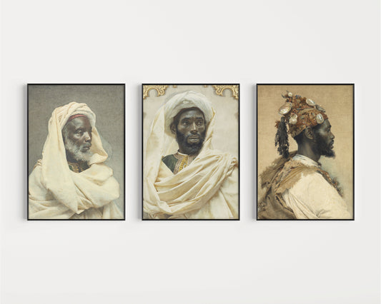 Set of 3 Moorish Men Portraits by Josep Tapiró i Baró in frames, vintage orientalist art, available framed or unframed art prints.