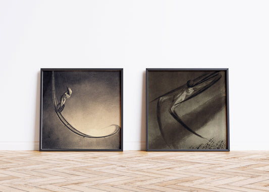 Framed Alfred Kubin vintage surreal symbolist art prints displayed on a wooden floor.