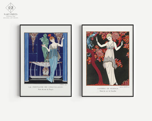 Elegant art prints of women in blue and red dresses, set in decorative frames, enhancing home decor.