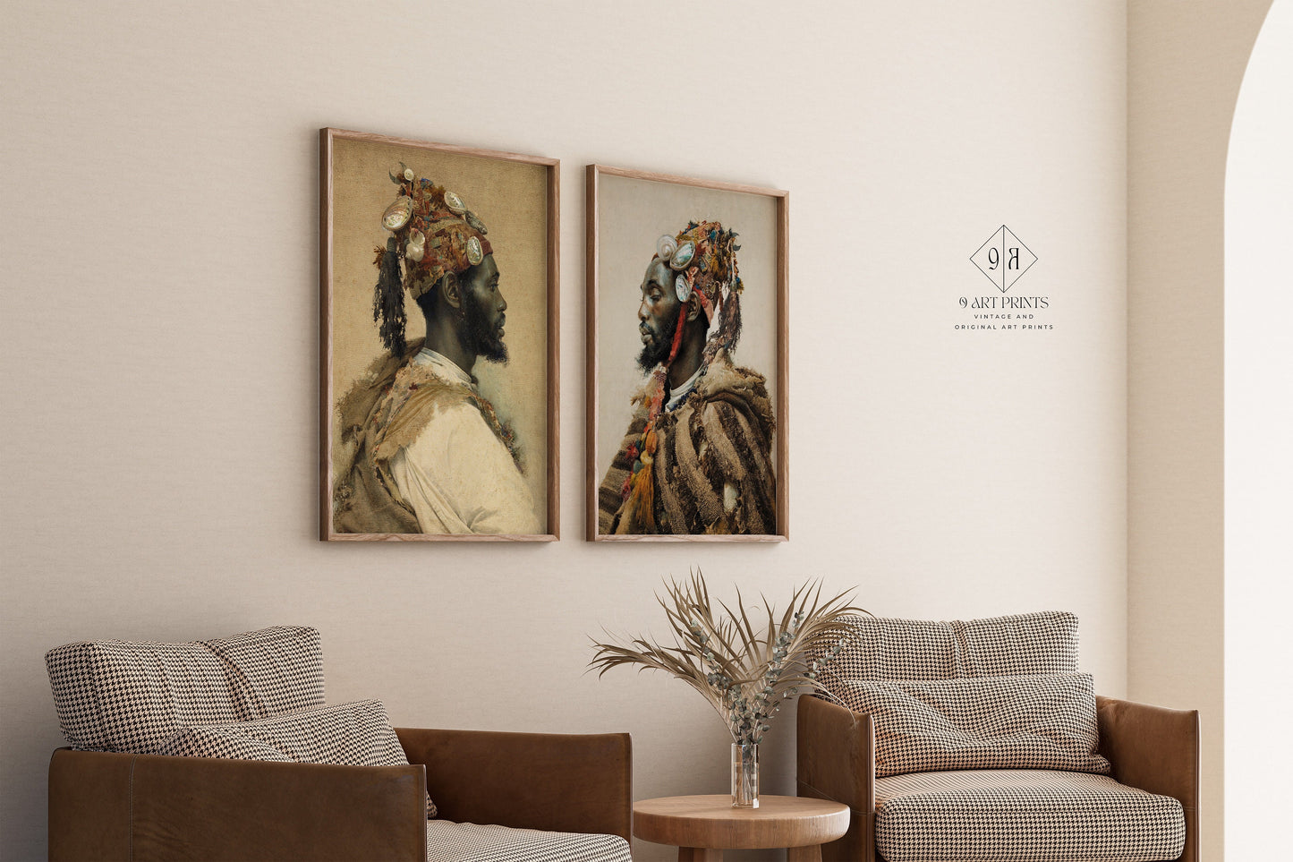 Set of 2 Orientalist art prints by Josep Tapiró i Baró in oak frames, displayed in a chic living room setting.