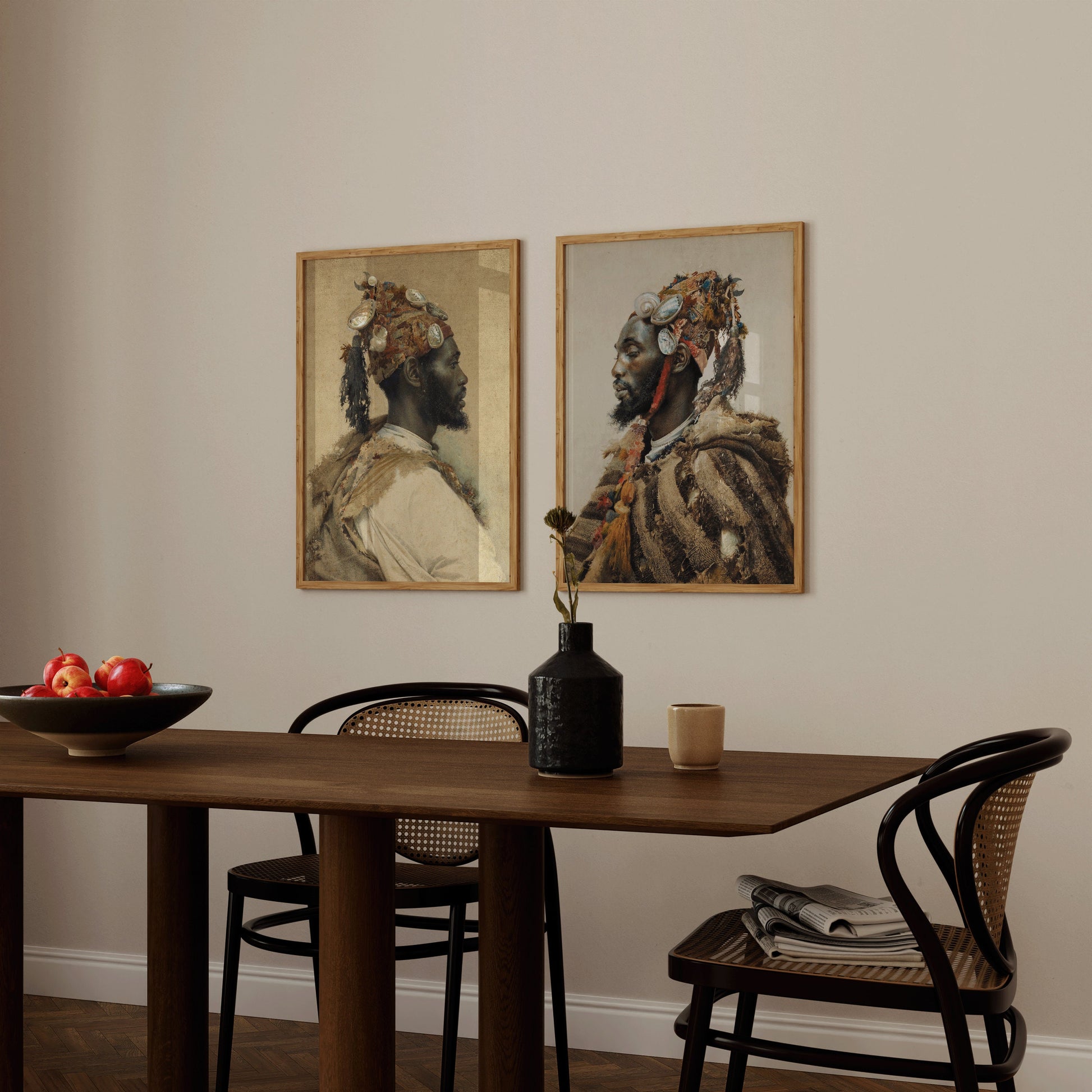 Orientalist art prints by Josep Tapiró i Baró in dining room setting, available framed or unframed, elegant vintage decor.