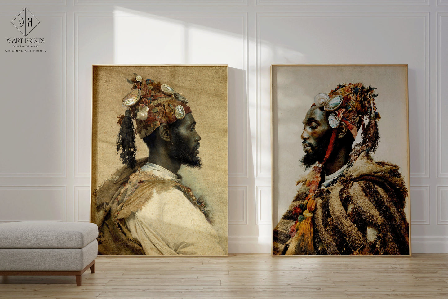 Pair of museum-quality oriental art prints by Josep Tapiró i Baró, displayed in frames, enhancing a modern living room space.