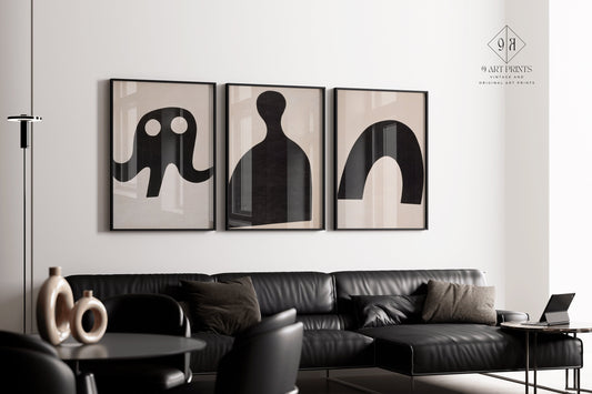 Minimalist black and white Dadaism Constructivist art posters in modern living room, framed and unframed options available.