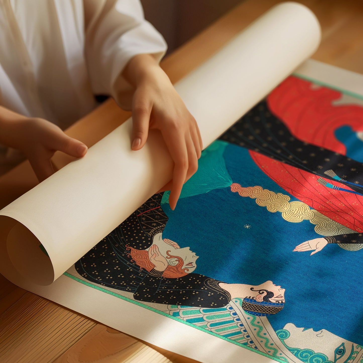 Person handling a vintage Art Deco print by George Barbier, highlighting Emodecles and Pantea, ready for framing in oak or walnut wood.